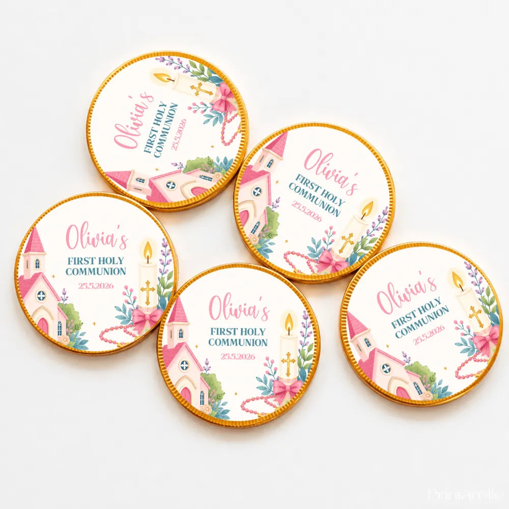 Pink church communion chocolate coins wrapped in pink and gold foil with personalized olivias first holy communion design