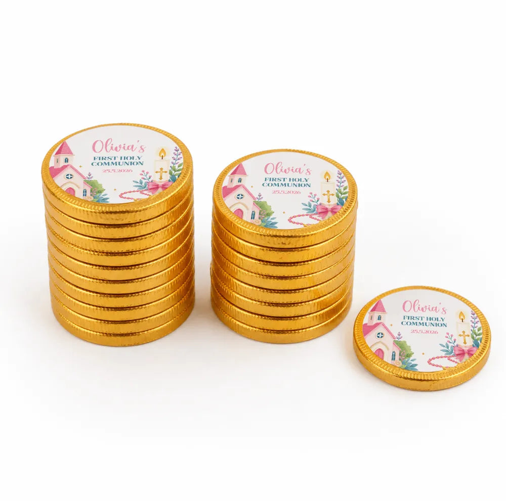 Golden chocolate coins with pink church labels decorated for olivias first holy communion chocolate coins