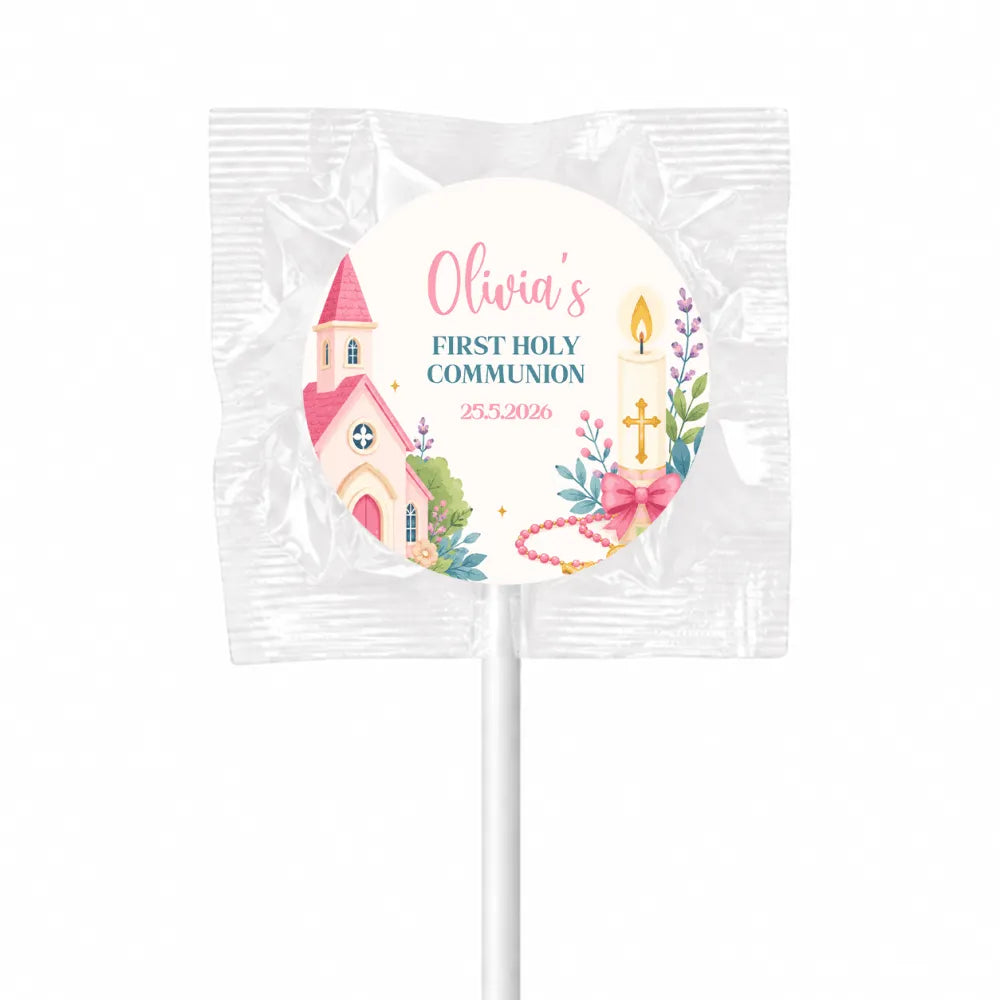 Personalized pink church fruit lollipops with candle cross and floral design for olivia’s first holy communion favors
