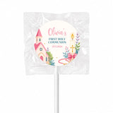 Personalized pink church fruit lollipops with candle cross and floral design for olivia’s first holy communion favors