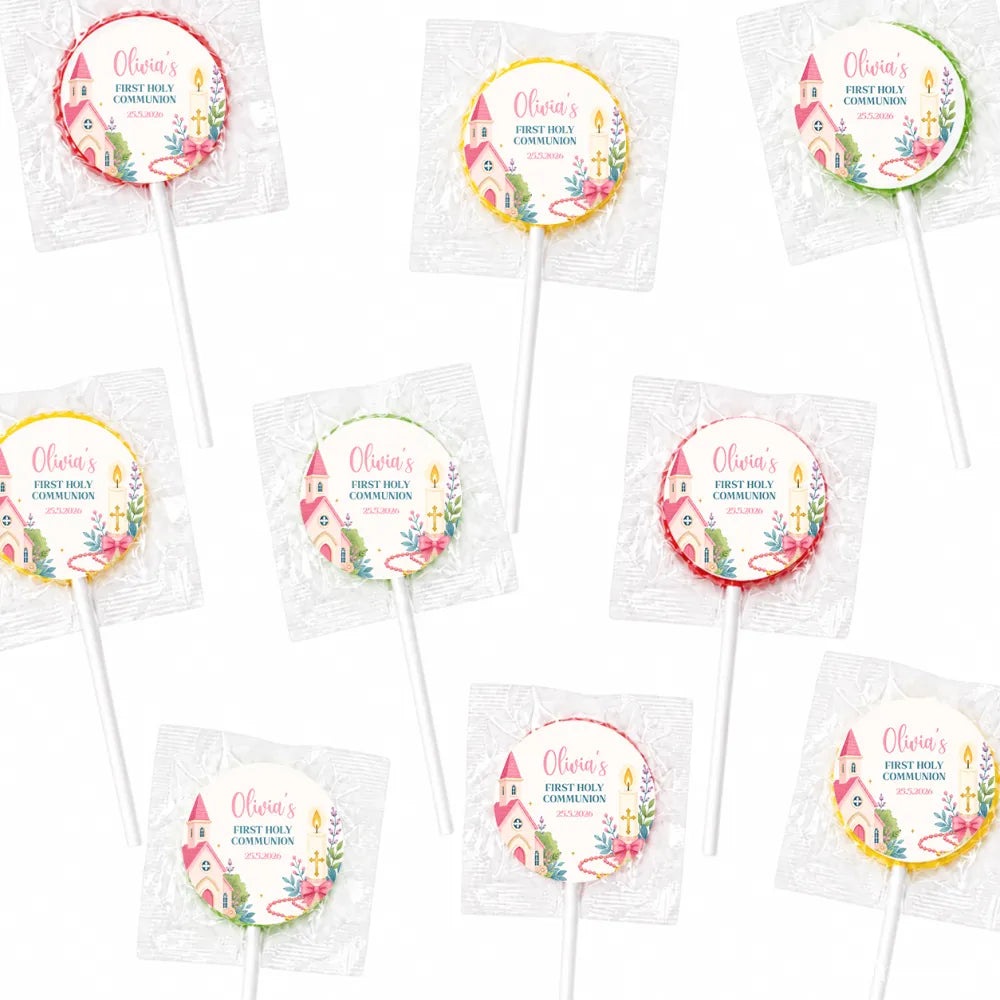 Personalised pink church fruit lollipops in pink and yellow wrapped in clear cellophane for communion favours