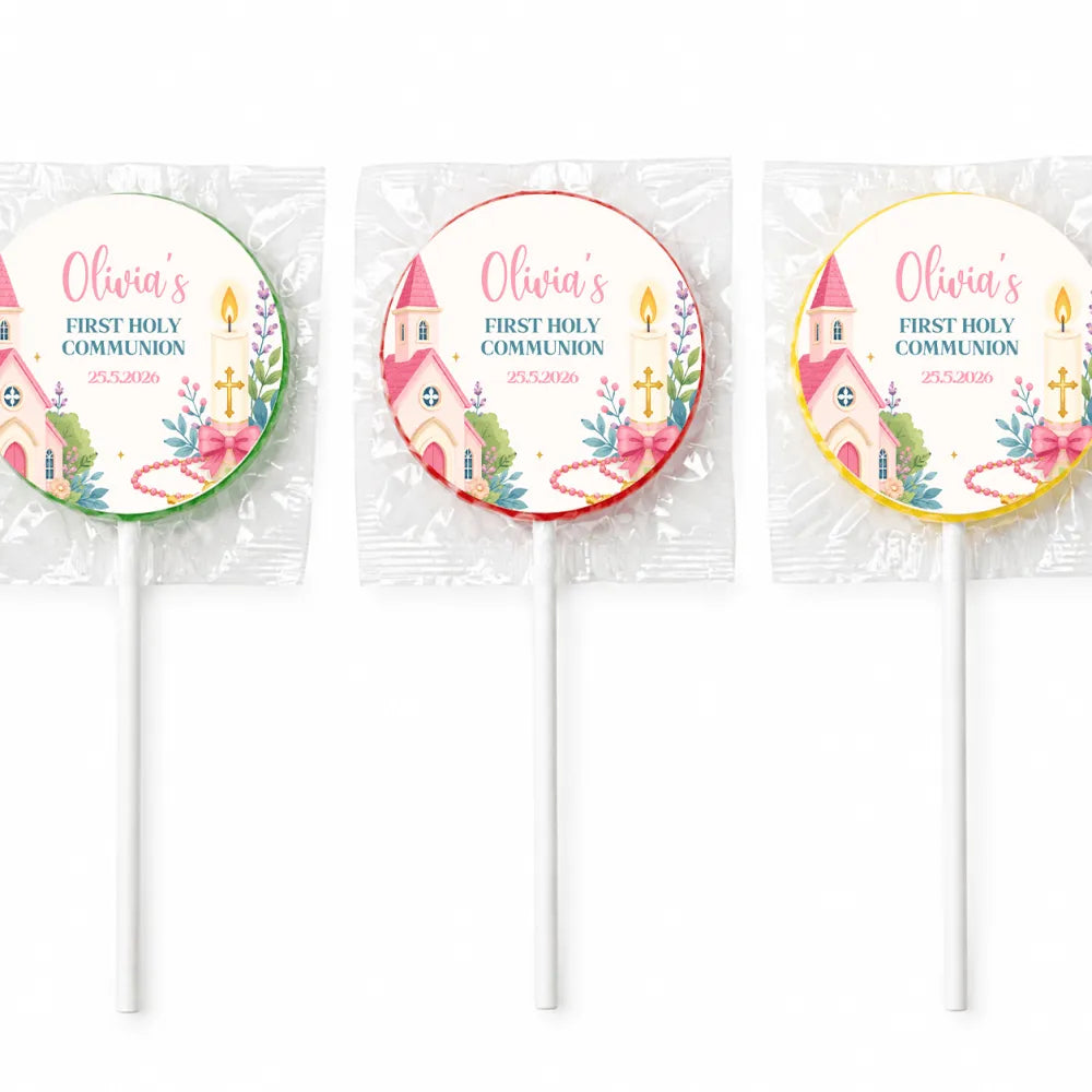 Three personalized pink church fruit lollipops with colorful floral designs for olivias first holy communion favors