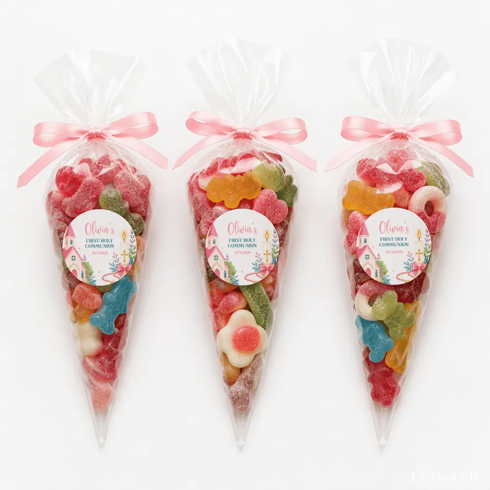 Three clear plastic sweet cones tied with pink ribbons labeled olivias first holy communion filled with colorful gummies pink church communion