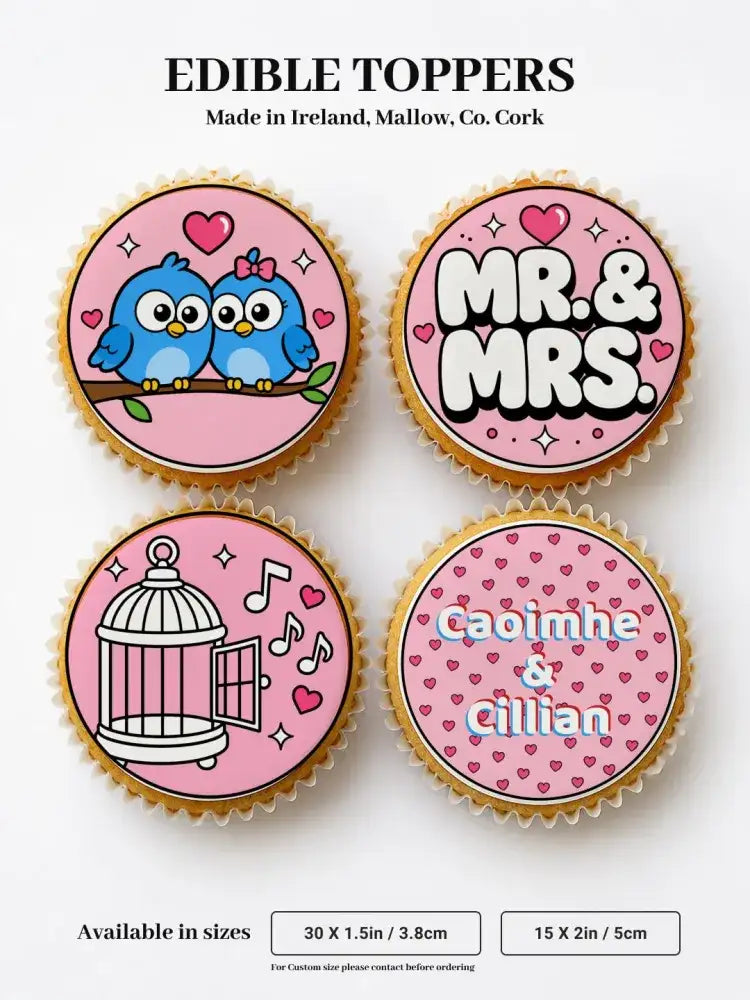 Pink edible cupcake toppers with cartoon blue birds for mr and mrs wedding made from icing sheet