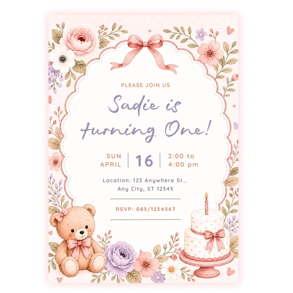 Pink Floral Teddy Bear 1st Birthday Party Invitation - teddy bear, 1st birthday, floral teddy bear, teddy bear 1st,