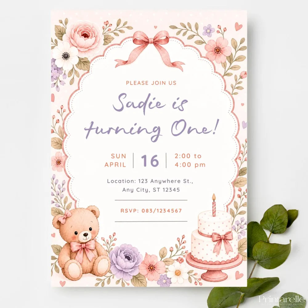 Pink Floral Teddy Bear 1st Birthday Party Invitation - teddy bear, 1st birthday, floral teddy bear, teddy bear 1st,