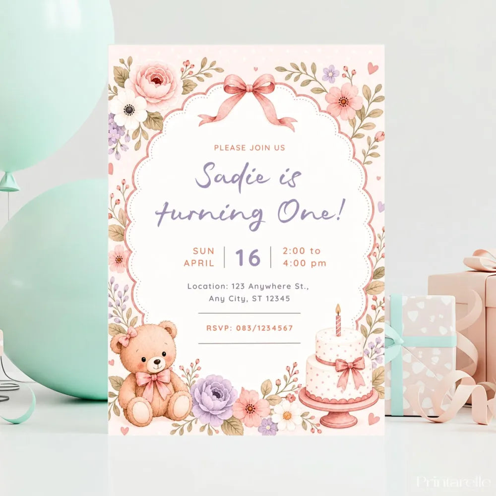 Pink Floral Teddy Bear 1st Birthday Party Invitation - teddy bear, 1st birthday, floral teddy bear, teddy bear 1st,