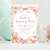 Pink Floral Teddy Bear 1st Birthday Party Invitation - teddy bear, 1st birthday, floral teddy bear, teddy bear 1st,