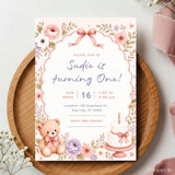Pink Floral Teddy Bear 1st Birthday Party Invitation - teddy bear, 1st birthday, floral teddy bear, teddy bear 1st,