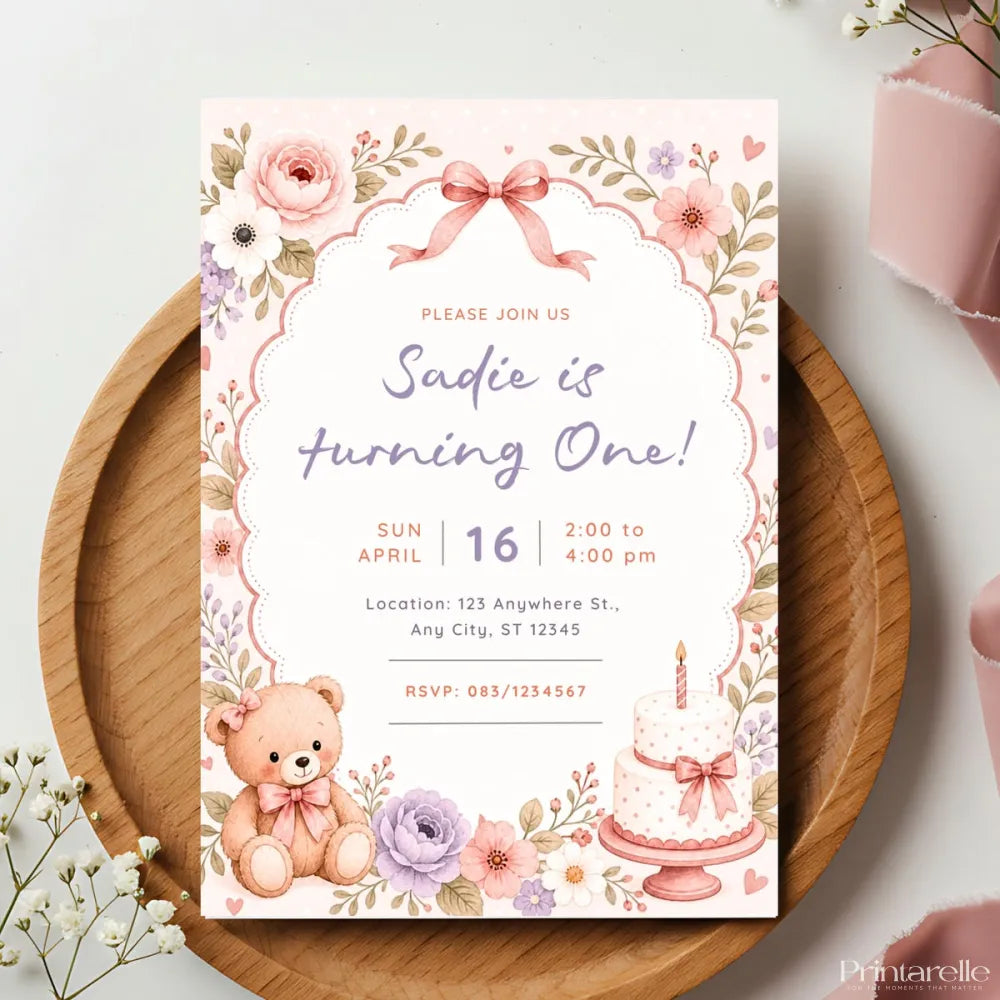 Pink Floral Teddy Bear 1st Birthday Party Invitation - teddy bear, 1st birthday, floral teddy bear, teddy bear 1st,