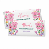 Pink floral themed 40g chocolate bar with personalised alisons christening day text and pink babygrow illustrations