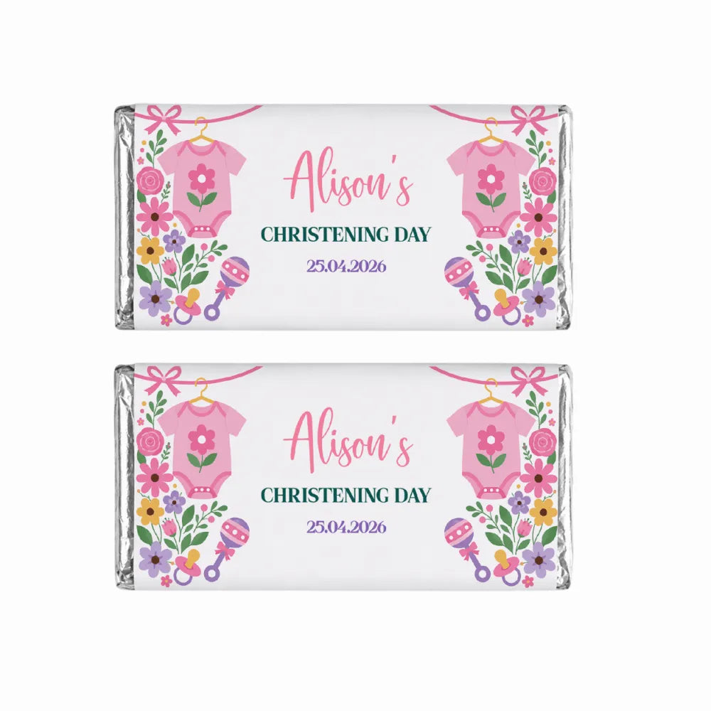 Pink floral themed 40g chocolate bars with pink babygrow designs personalized for alisons christening day