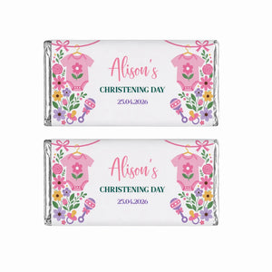 Pink floral themed 40g chocolate bars with pink babygrow designs personalized for alisons christening day