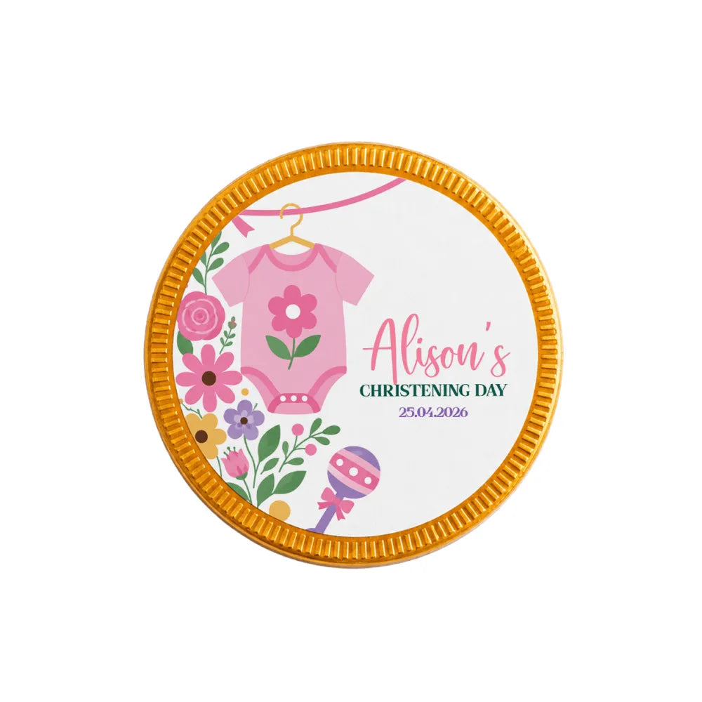 A round gold-edged milk chocolate coin featuring a pink babygrow design for alisons christening day celebration