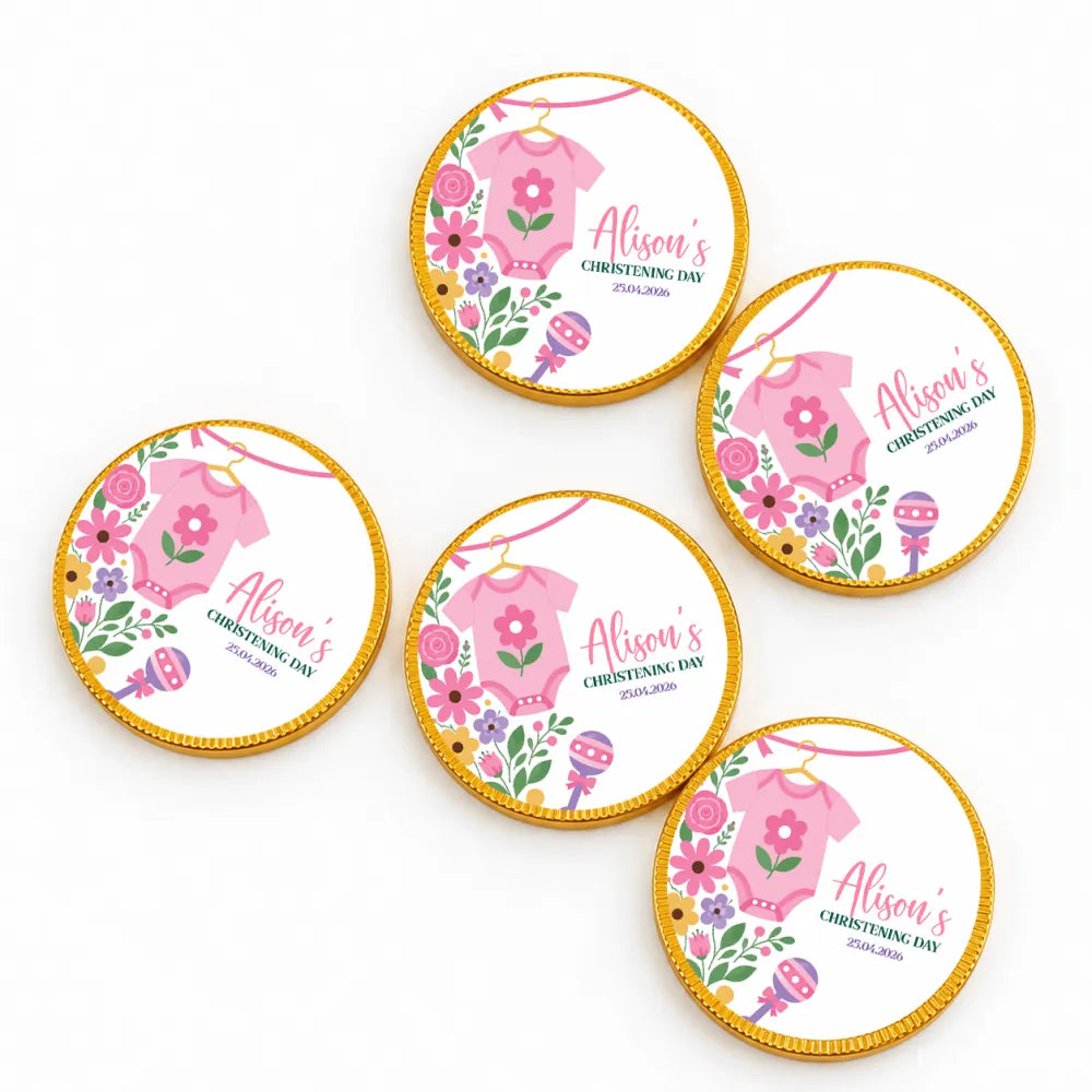 Pink onesie christening personalised chocolate coins with pink floral milk chocolate and gold foil edges for christening