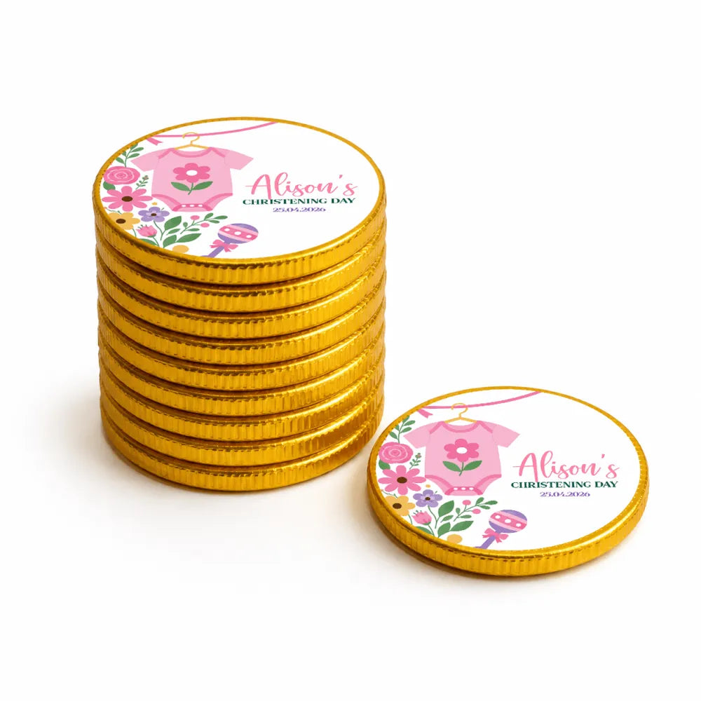 Gold foil-wrapped milk chocolate coins with a pink babygrow design and alisons christening day text