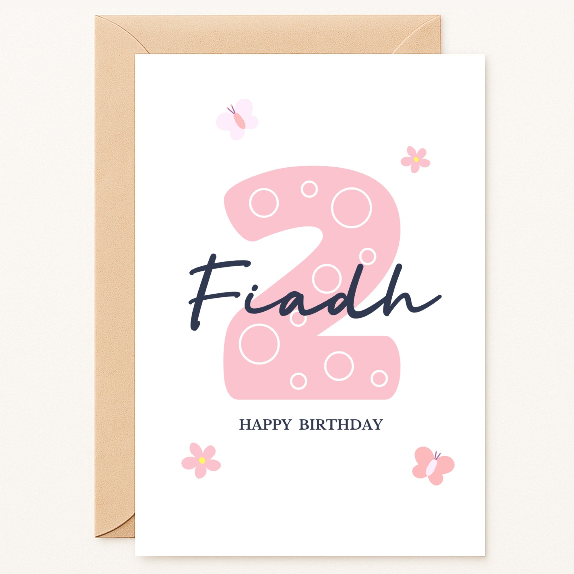 personalised 2nd birthday card with pink number butterflies and name for girl