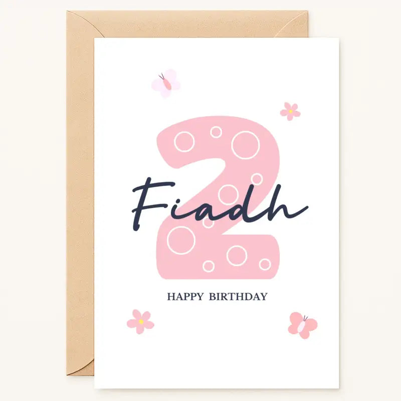 personalised 2nd birthday card with pink number butterflies and name for girl