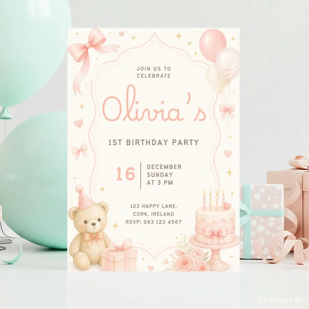 Pink Teddy Bear Balloon 1st Birthday Party Invitation - teddy bear, 1st birthday, birthday party, pink teddy bear, 1st