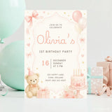 Pink Teddy Bear Balloon 1st Birthday Party Invitation - teddy bear, 1st birthday, birthday party, pink teddy bear, 1st