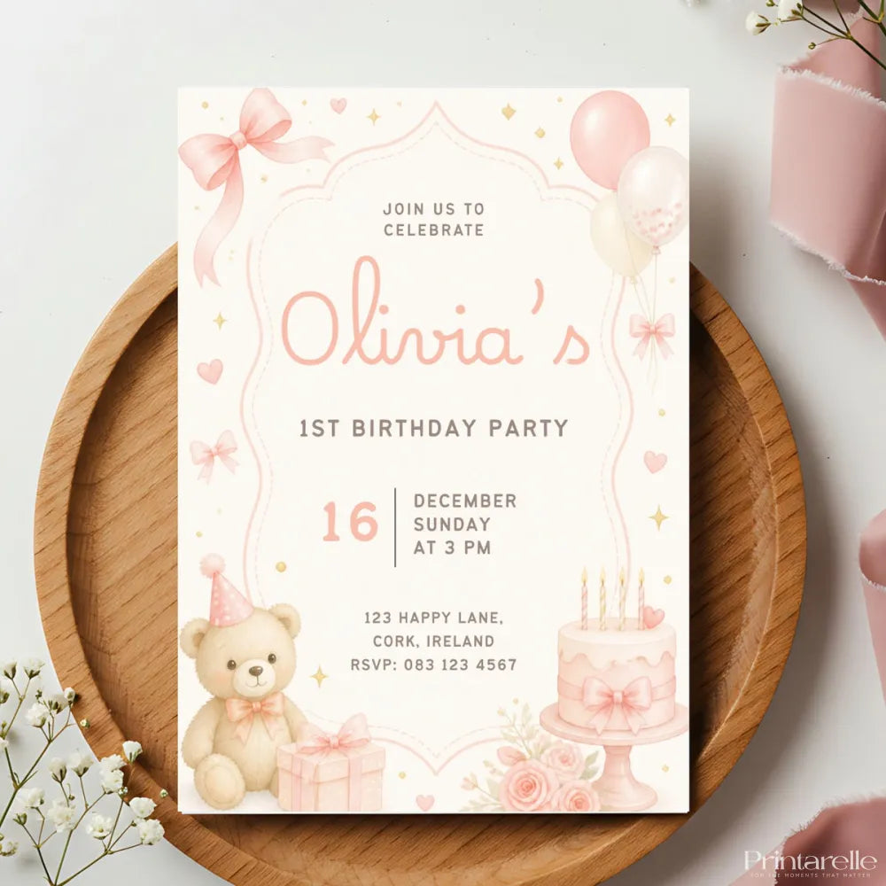 Pink Teddy Bear Balloon 1st Birthday Party Invitation - teddy bear, 1st birthday, birthday party, pink teddy bear, 1st