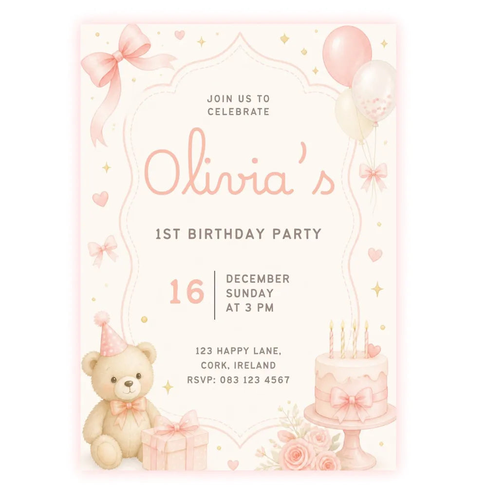 Pink Teddy Bear Balloon 1st Birthday Party Invitation - teddy bear, 1st birthday, birthday party, pink teddy bear, 1st