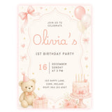 Pink Teddy Bear Balloon 1st Birthday Party Invitation - teddy bear, 1st birthday, birthday party, pink teddy bear, 1st
