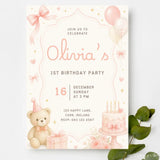 Pink Teddy Bear Balloon 1st Birthday Party Invitation - teddy bear, 1st birthday, birthday party, pink teddy bear, 1st