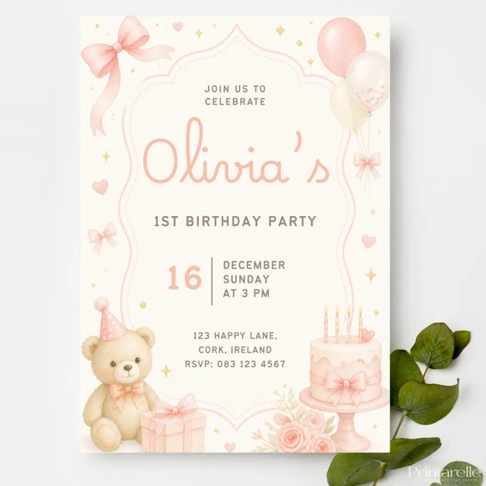 Pink Teddy Bear Balloon 1st Birthday Party Invitation - teddy bear, 1st birthday, birthday party, pink teddy bear, 1st