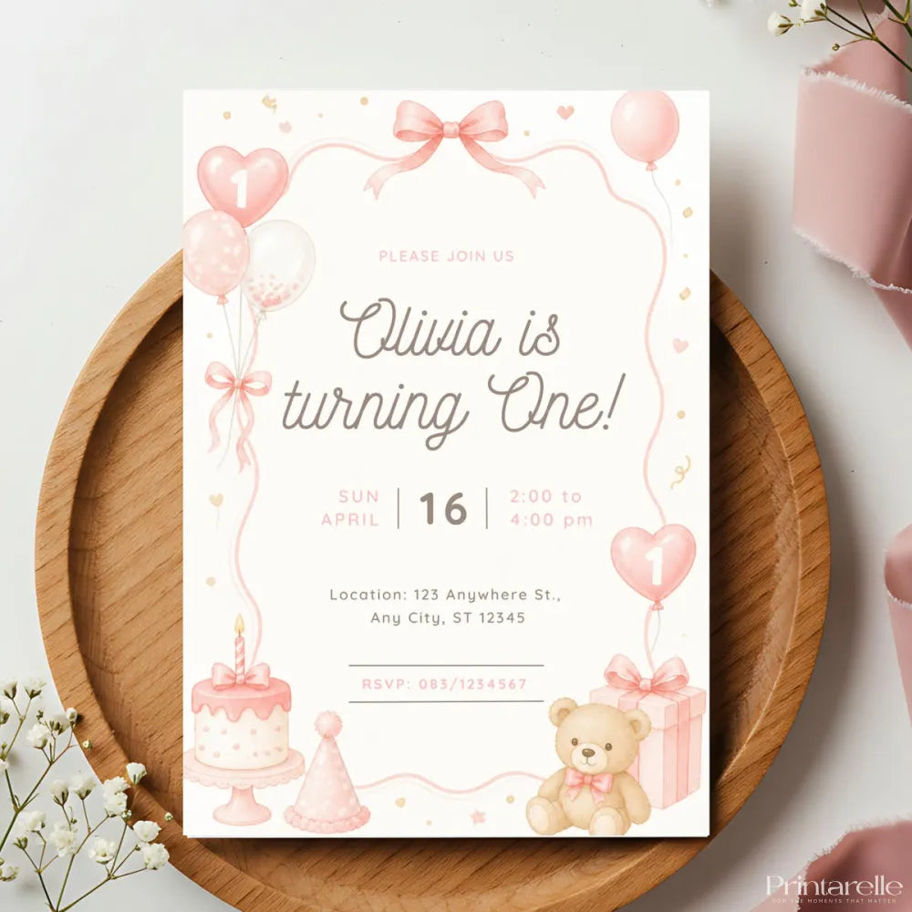 Pink Teddy Bear First Birthday Invitation | Personalised Party Invite - pink teddy bear, pink teddy, teddy bear, 300gsm