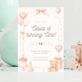 Pink Teddy Bear First Birthday Invitation | Personalised Party Invite - pink teddy bear, pink teddy, teddy bear, 300gsm