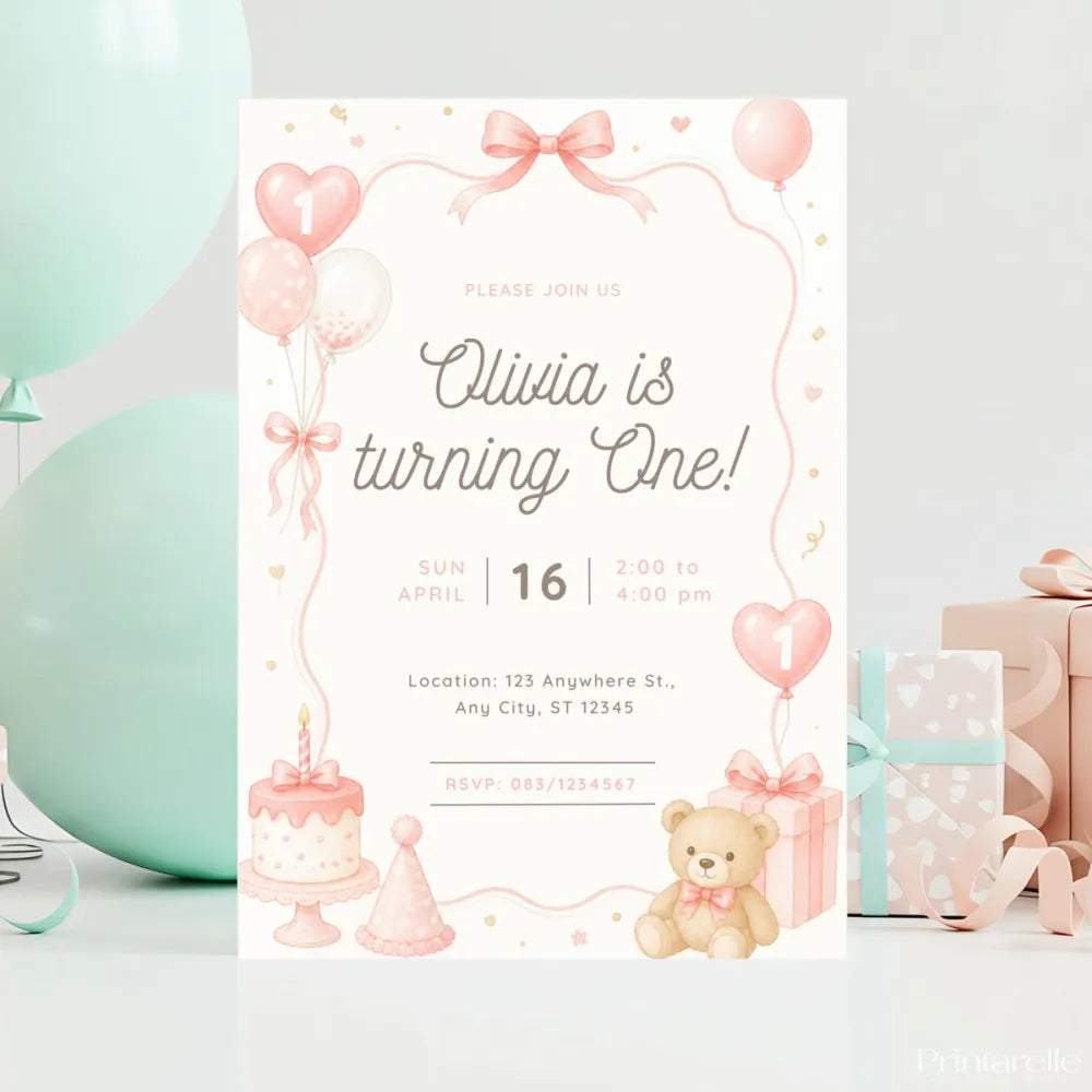 Pink Teddy Bear First Birthday Invitation | Personalised Party Invite - pink teddy bear, pink teddy, teddy bear, 300gsm