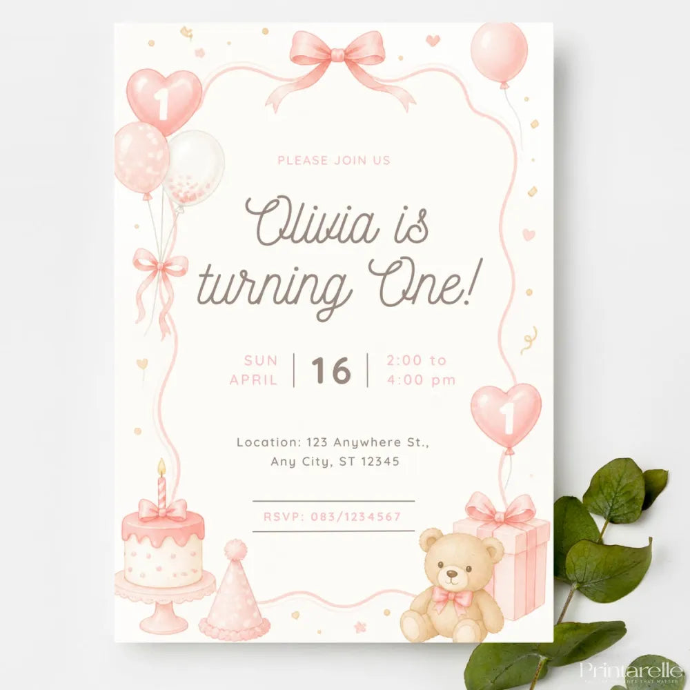 Pink Teddy Bear First Birthday Invitation | Personalised Party Invite - pink teddy bear, pink teddy, teddy bear, 300gsm