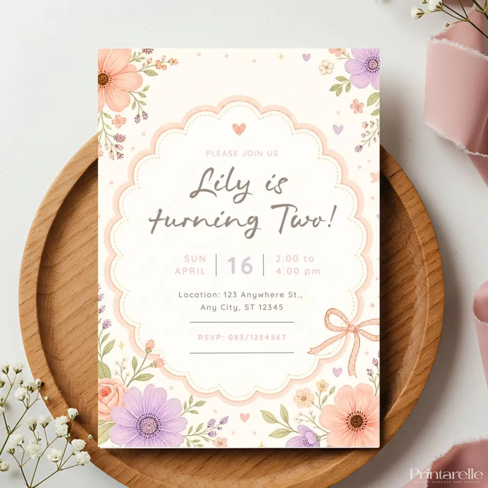 Pink Wildflower 2nd Birthday Party Invitation - 2nd birthday, birthday party, wildflower 2nd birthday, 2nd birthday