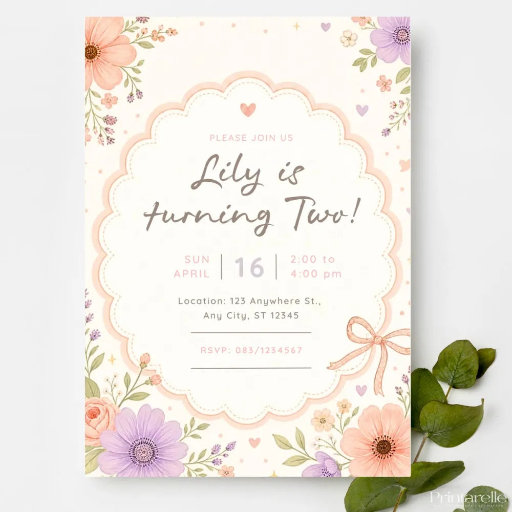Pink Wildflower 2nd Birthday Party Invitation - 2nd birthday, birthday party, wildflower 2nd birthday, 2nd birthday