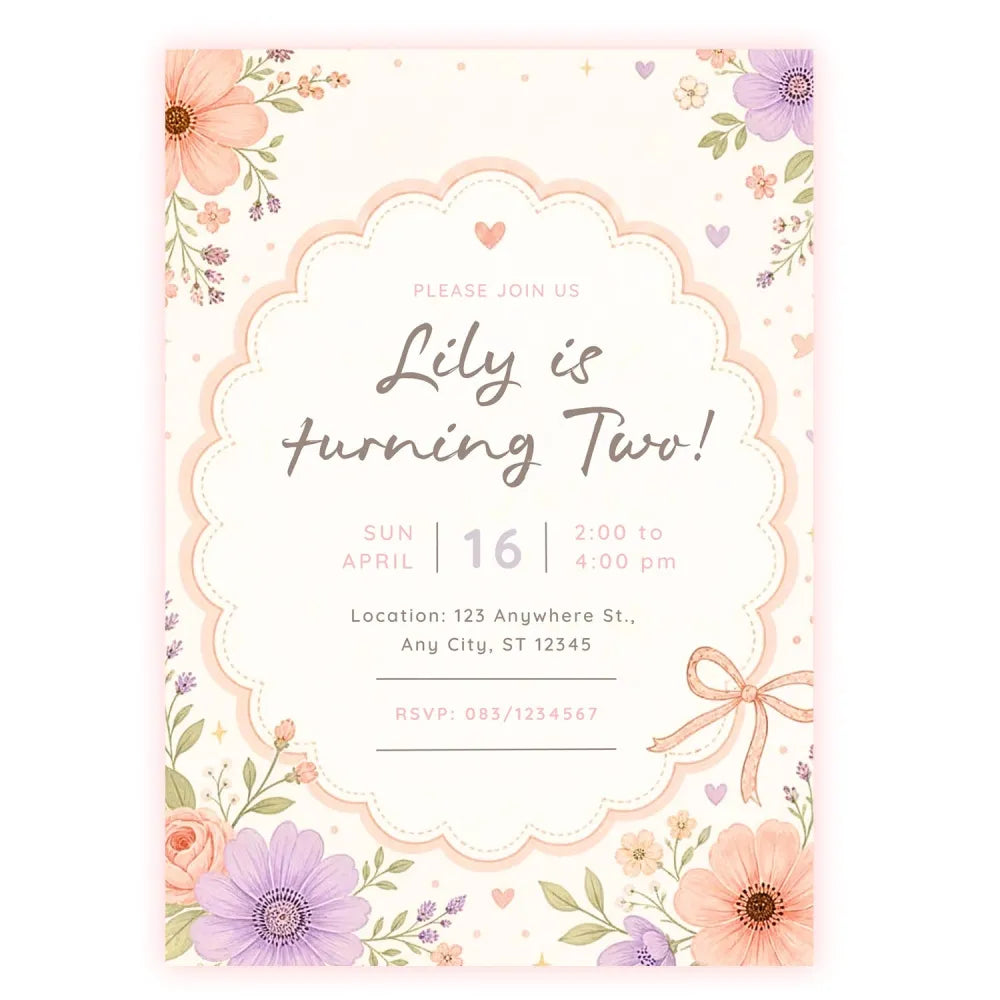 Pink Wildflower 2nd Birthday Party Invitation - 2nd birthday, birthday party, wildflower 2nd birthday, 2nd birthday