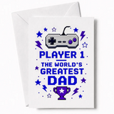 White greeting card with pixelated gray and purple retro gaming controller blue stars and lightning bolts for greatest dad