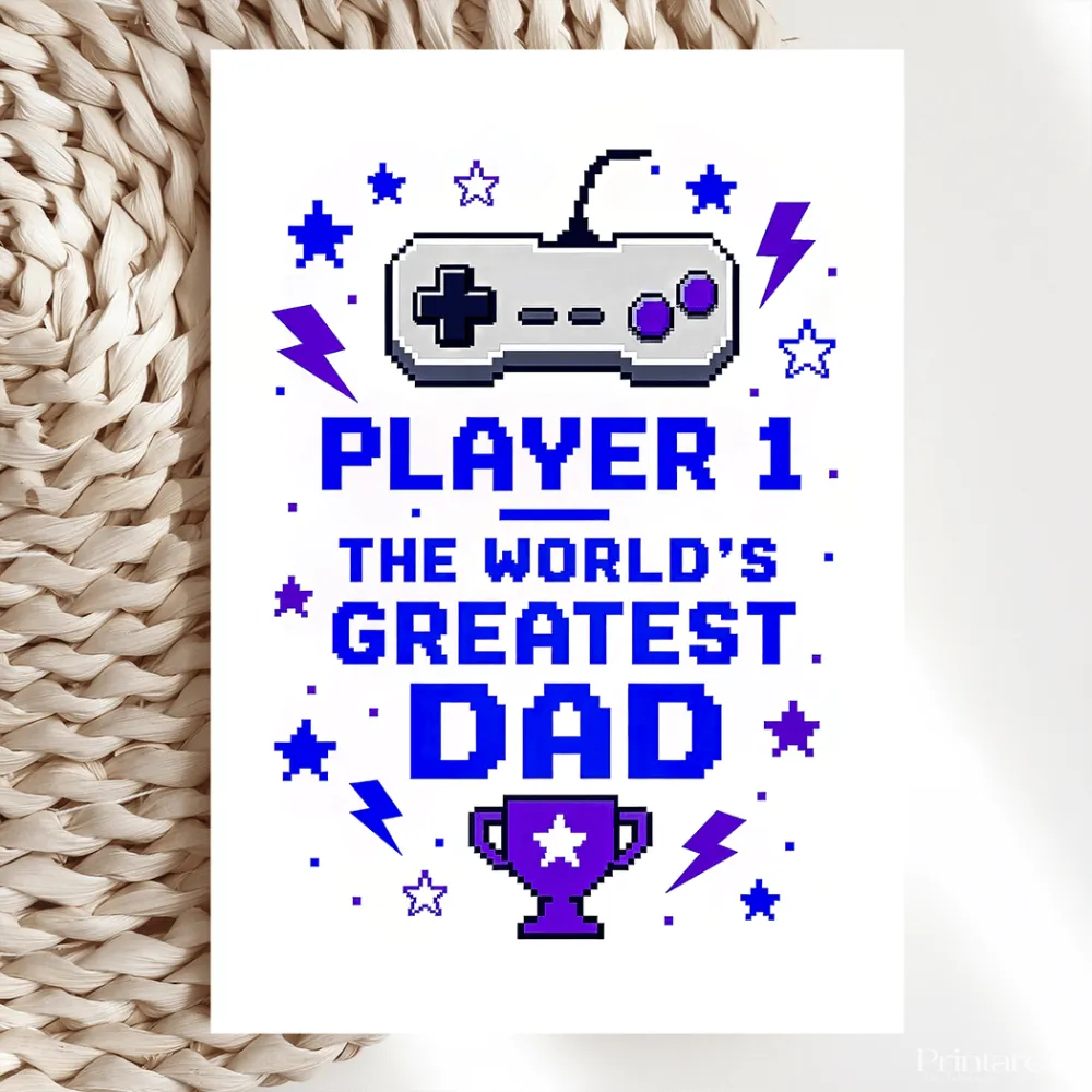 Pixel-art print card with gray purple retro game controller and bold blue text player 1 the worlds greatest dad perfect for father’s day and retro gaming fans