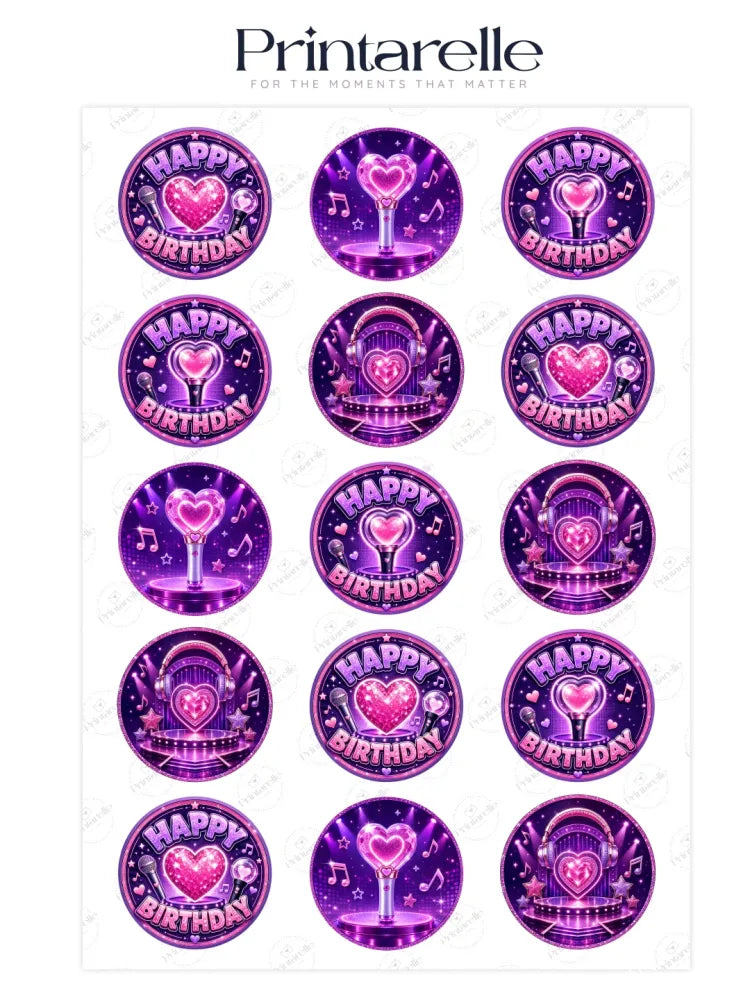 Purple and pink happy birthday cupcake toppers with glittery heart-shaped microphones and headphones for pop star parties