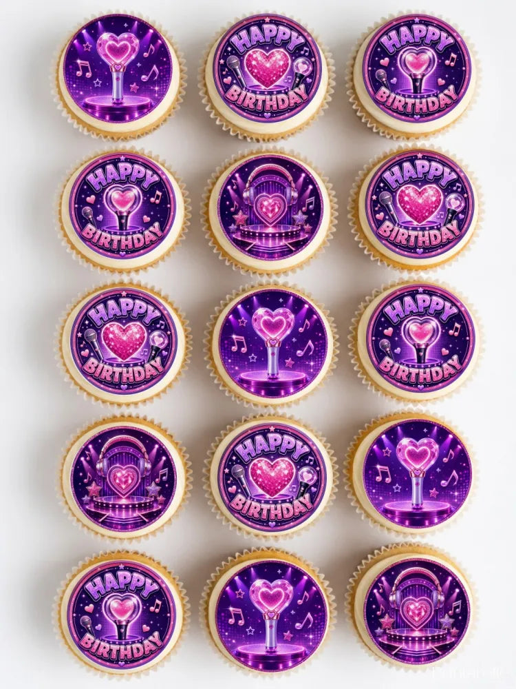 Purple pop star happy birthday cupcake toppers with glittery heart and music design for neon edible cakes