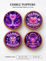 Purple and pink edible pop star happy birthday cupcake toppers with glittery hearts and music-themed designs