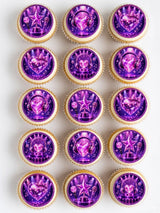 Purple glittery pop star edible cupcake toppers with stars headphones and disco balls on shiny purple background