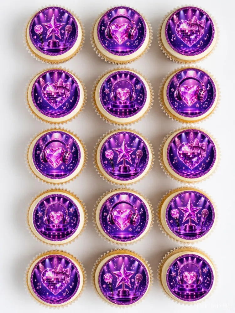Purple glittery pop star edible cupcake toppers with stars headphones and disco balls on shiny purple background