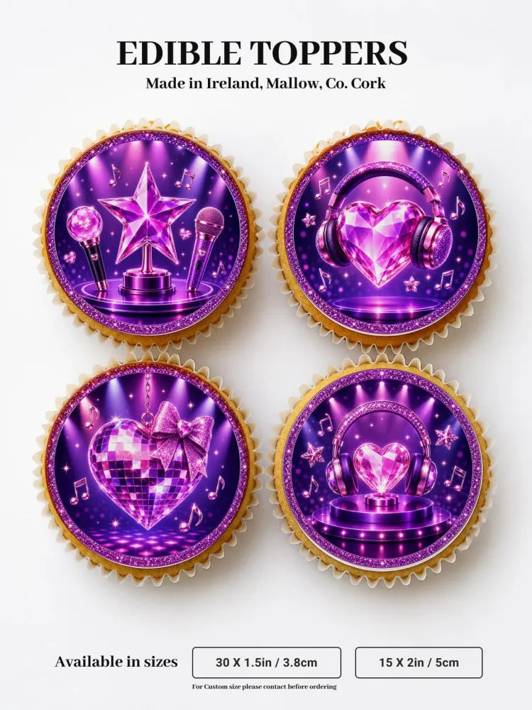 Purple edible cupcake toppers with glittery pop star music designs featuring stars microphones headphones and hearts