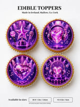Purple edible cupcake toppers with glittery pop star music designs featuring stars microphones headphones and hearts