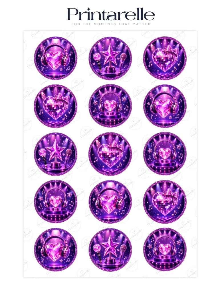 Purple glittery edible cupcake toppers with pop star disco designs including hearts stars microphones and notes