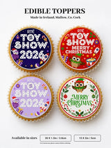 Premade toy show cupcake toppers with merry christmas owl and elf designs on colorful edible icing sheet backgrounds