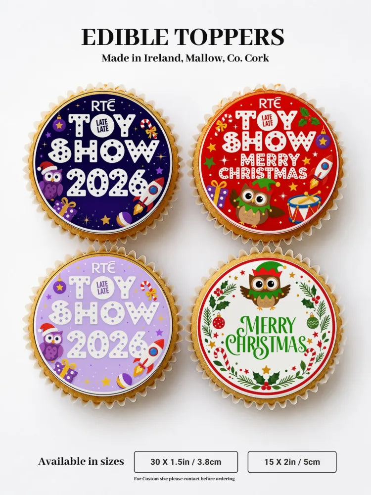 Premade toy show cupcake toppers with merry christmas owl and elf designs on colorful edible icing sheet backgrounds