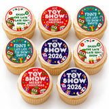 Circular merry christmas cupcake toppers with cartoon elf owls in red blue green on vibrant icing sheet designs