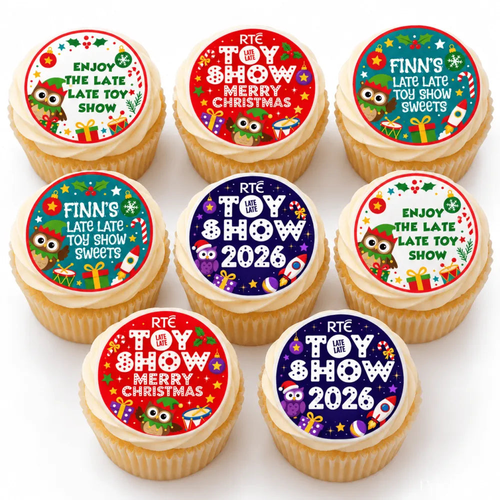 Circular merry christmas cupcake toppers with cartoon elf owls in red blue green on vibrant icing sheet designs